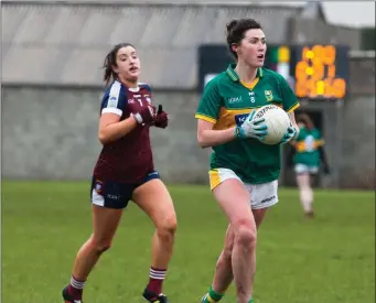  ??  ?? Kerry’s Lorraine Scanlon in action against Laura Brennan, Westmeath, in their Lidl NFL Division 1 Round 7 at Kerins O’Rahillys GAA grounds on Sunday (57), Ellen Cronin for J Coyle (61). REFEREE: Keith Delahunty (Tipperary)