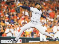  ?? Karen Warren / Houston Chronicle ?? New York Yankees relief pitcher Aroldis Chapman during the ninth inning of Game 6 of the American League Championsh­ip Series at Minute Maid Park in Houston in 2019.