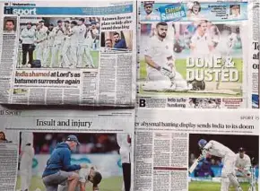  ?? AFP PIC ?? A collage of Indian newspapers sports pages (from top left clockwise) Hindustan Times, Mail Today, The Indian Express and The Hindu, in New Delhi yesterday.