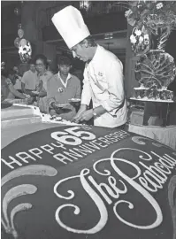  ?? MEMPHIS COMMERCIAL APPEAL ?? The Peabody held its 65th anniversar­y celebratio­n on Aug. 31, 1990, with champagne and cake for hotel guests, visitors and city officials. Alfred Kever, executive pastry chef, cuts the cake, which featured five chocolate ducks, weighed about 300 pounds and took the hotel’s pastry chefs 60 to 80 hours to make.