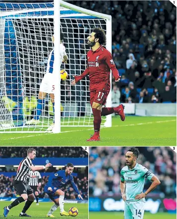  ?? FOTOS: AFP ?? (1) El egipcio Mohamed Salah hizo el único gol, vía penal, para darle el triunfo a los Reds. (2) Hazard es siempre el que mueve los hilos en el Chelsea. (3) Duro golpe para Aubameyang y el Arsenal.
