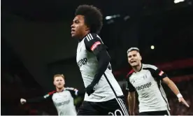  ?? Photograph: Clive Brunskill/Getty Images ?? Willian fired Fulham in front at Anfield and his goal has given them hope of overcoming Liverpool in the second leg.