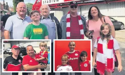  ??  ?? Stanley fans arrive for the first match of the season (main pic): Tommy Hughes (father of Stanley player Mark Hughes), Jason Lewis, Kevin Lewis, Chris Reid, Kimberley Whitehead and Alana Jone, aged nine, (inset left): Frank Morris and Stephen Bates with his grandson Theo Bates, aged five, and (inset right): Paula Fox with her daughters Leona and Jessica