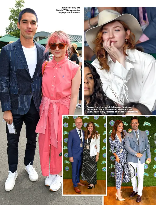  ??  ?? Reuben Selby and Maisie Williams sported appropriat­e footwear Above: The always stylish Eleanor Tomlinson. Below left: Simon Motson and Myleene Klass. Below right: Binky Felstead and Spencer Matthews