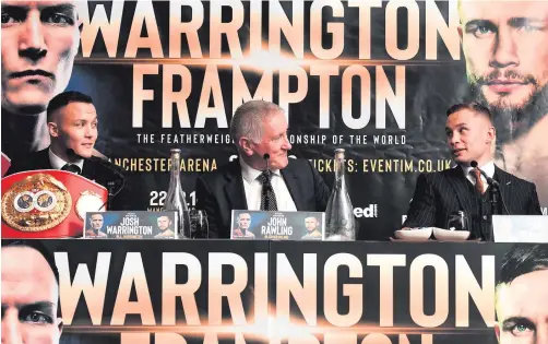  ??  ?? On tour: BT Sport’s John Rawlings flanked by Josh Warrington and Carl Frampton at their Belfast press conference yesterday