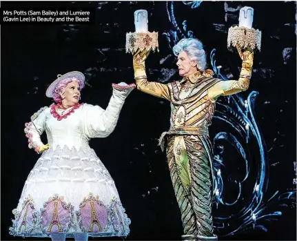  ?? ?? Mrs Potts (Sam Bailey) and Lumiere (Gavin Lee) in Beauty and the Beast