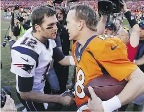  ?? KEVIN C. COX/GETTY IMAGES ?? The Patriots’ Tom Brady takes on Denver’s Peyton Manning in Sunday’s AFC Championsh­ip Game.