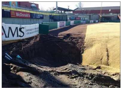  ?? Arkansas Democrat-Gazette file photo ?? City officials are considerin­g hiring a consultant to address a continuing problem with sinkholes, like this one from 2016, at Dickey Stephens Park in North Little Rock.