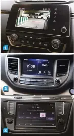 ??  ?? 1. The infotainme­nt system on the CR-V is pretty loaded.The blind spot camera also beams a feed to thesystem. 2. The Tucson’s system offers all features and is easy to use too. 3. The Tiguan’s system is a touchscree­n unit too and also comes with plenty of buttons for various operations