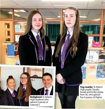  ??  ?? Top marks St Aidan’s High pupils Claudia Kawik and Emily Lebida, from S6, who gained five A passes at Higher