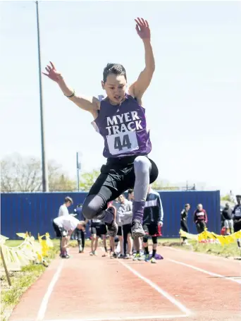  ?? JULIE JOCSAK/POSTMEDIA NEWS ?? Nicholas Murdaca of A.N. Myer Secondary School competes in the junior mens long jump dash during the Zone 3 Track and Field meet at the Niagara Olympic Club in St. Catharines on Tuesday.