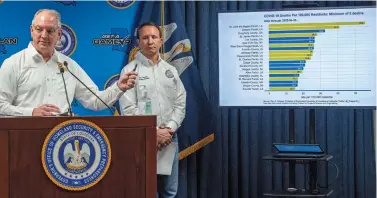  ?? The Advocate via AP, Pool ?? ■ Louisiana Gov. John Bel Edwards talks about a chart, as Attorney General Jeff Landry listens, while addressing steps being taken to fight the coronaviru­s and the status of cases in the state Monday during a press conference at the Governor’s Office of Homeland Security & Emergency Management in Baton Rouge, La.