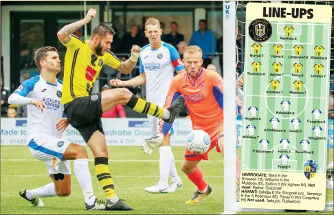  ?? PICTURES: Matt Kirkham ?? CLOSE MAGIC: Dom Knowles puts Harrogate 2-1 up and on their way to victory at home to Havant