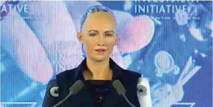  ??  ?? Sophia, the android, addressed the Future Investment Initiative in Riyadh yesterday to the delight of delegates. (Courtesy FII)