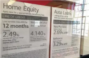  ?? ASSOCIATED PRESS FILE PHOTO ?? Home equity loan rates are among the loan rates displayed at a bank in North Andover, Mass. U.S. housing equity now equals 58 percent of home values, the highest such point since 2006.