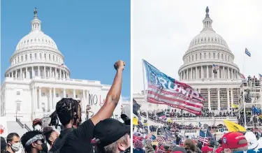  ?? AP PHOTOS ?? In this combinatio­n of photos, demonstrat­ors, left, protest June 4, 2020, in front of the U.S. Capitol in Washington, over the death of George Floyd and on Jan. 6, 2021, supporters of then-President Donald Trump rally at the same location.