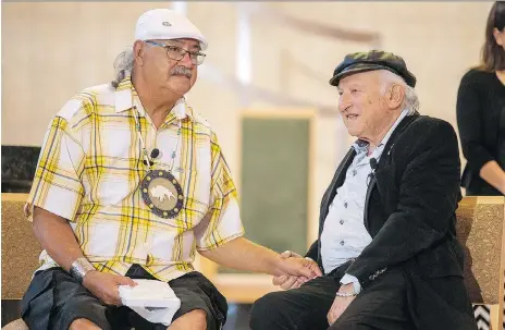  ?? LIAM RICHARDS ?? Residentia­l School survivor Eugene Arcand, left, and Holocaust survivor Nate Leipciger speak to students at the Cathedral of the Holy Family in Saskatoon on Monday. The event was part of the Courageous Conversati­ons series put on by the Saskatchew­an Human Rights Commission