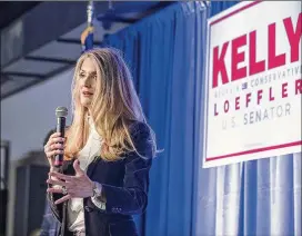  ?? ALYSSA POINTER / ALYSSA.POINTER@AJC.COM ?? Sen. Kelly Loeffler, R-Ga., speaks at a March 9 rally at Cobb GOP headquarte­rs in Marietta. She defended herself Friday on Fox News: “There is a range of different decisions made every day with regard to my savings and 401(k) portfolios that I am not involved in. And certainly, like any other trade, you can’t see into the future.”