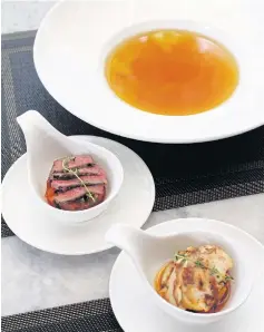  ??  ?? Ratatouill­e consomme with spiced chicken breast or lamb fillet.