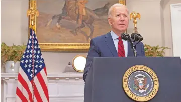  ?? (AFP) ?? US President Joe Biden speaks about the American Rescue Plan from the Roosevelt Room of the White House in Washington, DC, on Saturday