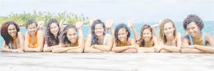  ?? Photo: Zahoor Shah ?? Miss World Fiji finalists having fun in the sun on Toberua Island Resort (from left), Heather Marama, Vika Fifita, Gianoula Sefeti, Nanise Raboiliku, Sandra Ratusau, Kacilala Kacimaiwai, Crystal Singh, Caroline Gatu and VaniDakuni­vecena.