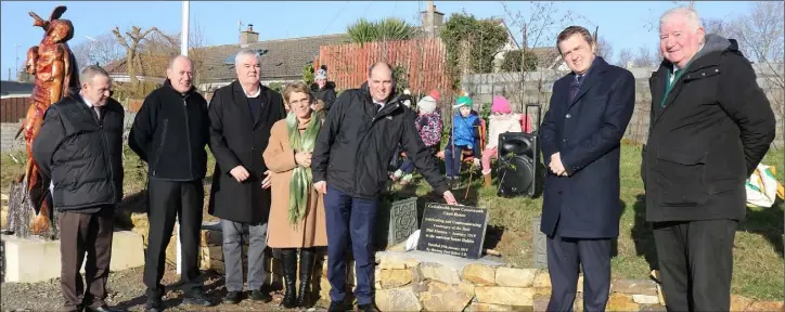  ??  ?? Minister Paul Kehoe, unveiling a plaque, with Cllr Willie Kavanagh, Fr John Byrne, Cllr Johnny Mythen, Bernie Doyle, TD James Browne and David Doyle at the ceremony in Glenbrien to mark centenary of first Dáil.