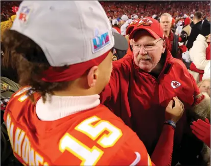  ?? KEVIN C. COX — GETTY IMAGES, FILE ?? The Chiefs’ Patrick Mahomes (15) and head coach Andy Reid celebrate after defeating the Bengals in the AFC championsh­ip on Jan. 29.