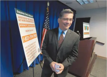  ?? AP PHOTO ?? California Attorney General Xavier Becerra leaves a news conference after discussing the settlement reached with Equifax over a 2017 data breach, during a news in Sacramento, Calif., on Monday.