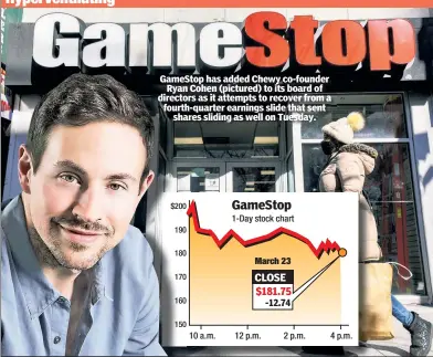  ??  ?? Hyperventi­lating
GameStop has added Chewy co-founder Ryan Cohen (pictured) to its board of directors as it attempts to recover from a fourth-quarter earnings slide that sent shares sliding as well on Tuesday.