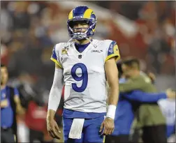  ?? JED JACOBSOHN/AP ?? Rams quarterbac­k Matthew Stafford, a former UGA star, has lost back-to-back games to the Titans and Niners by a combined score of 59-26. Stafford, who is on a bye week, threw four intercepti­ons in the two losses.