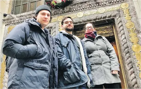  ?? CHRISTOPHE­R REYNOLDS/THE CANADIAN PRESS ?? Guillaume Laurin, left, Patrice Laliberté and Julie Groleau are part of an upstart filmmaking team selected to make the first Netflix original feature film in Quebec. The streaming giant has said it will spend more than $500 million on Canadian production­s.