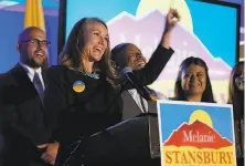  ?? Adolphe Pierre-Louis / Associated Press ?? Melanie Stansbury addresses supporters in Albuquerqu­e after winning a seat to represent the 1st Congressio­nal District.