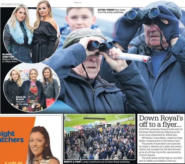  ??  ?? BLONDE AMBITION Melissa Riddell & Tiffany Brien BACK IN BLACK Trio turn on the style EXTRA VISION Fans zoom in on the action yesterday WORTH A PUNT Large crowd turns out at Down Royal yesterday