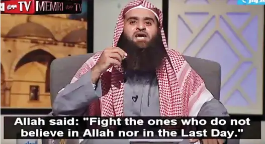  ??  ?? Horrific message: A Saudi cleric encourages Muslims to kill unbeliever­s in a propaganda video available on YouTube