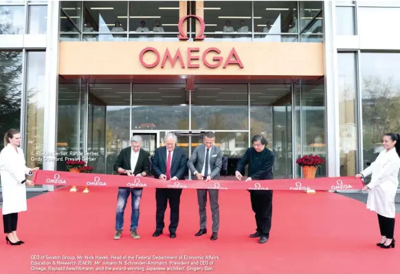  ??  ?? (L-R) Kaia Gerber, Rande Gerber, Cindy Crawford, Presley Gerber CEO of Swatch Group, Mr. Nick Hayek; Head of the Federal Department of Economic Affairs, Education & Research (EAER), Mr. Johann N. Schneider-ammann; President and CEO of Omega, Raynald...