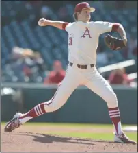  ?? NWA Democrat-Gazette/Andy Shupe ?? LONG TIME COMING: Arkansas starter Caleb Bolden delivers to the plate against Louisiana-Monroe Wednesday during the third inning at Baum Stadium in Fayettevil­le. Bolden went a career-long seven innings in the 4-0 win.