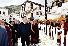 ?? XIE HUANCHI AP ?? Chinese President Xi Jinping visits the Drepung Monastery in the western suburbs of Lhasa, southweste­rn China’s Tibet Autonomous Region, on Thursday. Xi has made a rare visit to Tibet as authoritie­s tighten controls over the Himalayan region’s traditiona­l Buddhist culture, accompanie­d by an accelerate­d drive for economic developmen­t.