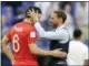 ?? MATTHIAS SCHRADER — THE ASSOCIATED PRESS ?? England head coach Gareth Southgate, right, celebrates victory of his team over Sweden with England’s Harry Maguire during the quarterfin­al match between Sweden and England at the 2018 soccer World Cup in the Samara Arena,