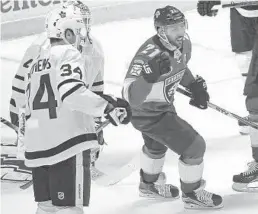  ?? DAVID SANTIAGO/MIAMI HERALD ?? The Panthers’ Vincent Trocheck (21) celebrates after teammate Mike Matheson, not pictured, scores during the first period Friday night against the Maple Leafs.