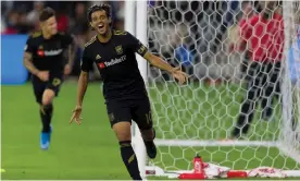  ??  ?? LAFC forward Carlos Vela (10) celebrates a first-half goal against LA Galaxy during Thursday night’s Western Conference semi-final match. Photograph: Kelvin Kuo/USA Today