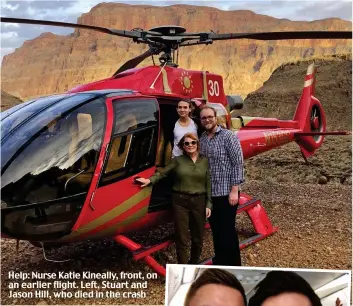  ??  ?? Help: Nurse Katie Kineally, front, on an earlier flight. Left, Stuart and Jason Hill, who died in the crash