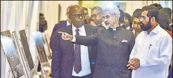  ?? ANSHUMAN POYREKAR/HT PHOTO ?? Gabon foreign minister Michael Moussa Adamo, Minister of External Affairs S Jaishankar, CM Eknath Shinde, at a photo exhibition on 26/11 at Taj Mahal Palace on Friday.