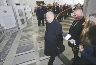  ?? (Slawomir Kaminski/Agencja Gazeta/Reuters) ?? JAROSLAW KACZYNSKI, leader of the Law and Justice party, arrives at the Sejm, the lower house of parliament, in Warsaw on Monday.