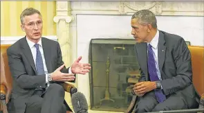  ?? GETTY IMAGES ?? President Barack Obama meets with NATO Secretary General Jens Stoltenber­g in the Oval Office at the White House on Monday.