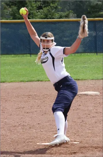  ?? PHOTOS BY JOE LANGSTAFF ?? Mendocino College Eagles pitcher Erin Hale throws a pitch during an Eagles’ game played during the 2019 season. Hale and her Eagles softball teammates open their 2020 season this Saturday, January 25, at home, with a doublehead­er vs. College of the Redwoods, starting at noon.