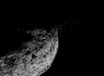  ?? Times Co. Nasa/goddard/university of Arizona via © The New York ?? A view across asteroid Bennu’s southern hemisphere and into space, showing its distributi­on of boulders, from 2020.