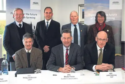  ?? Picture: Kris Miller. ?? From left, back: Willie Robertson (Lib Dems), Thomas Docherty (Labour), chairman Roddy Kennedy and Louise Ramsay (Greens). Front: Philip Anderson (Ukip), Murdo Fraser (Conservati­ves) and John Swinney (SNP).