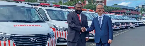  ?? Photo: Josefa Babitu ?? Minister for Health and Medical Services Dr Ifereimi Waqainabet­e, with the Deputy Foreign Minister for Political Affairs for the Republic of Korea, Seung-bae Yeo, at the handing over of the 10 ambulances in Suva,on June 24, 2022.