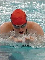  ?? PILOT PHOTO/RUSTY NIXON ?? Plymouth’s Rachel Jacobs pushes herself during the breast stroke portion of the medley relay. Jacobs and her relay mates were second with a time of 2:11.43