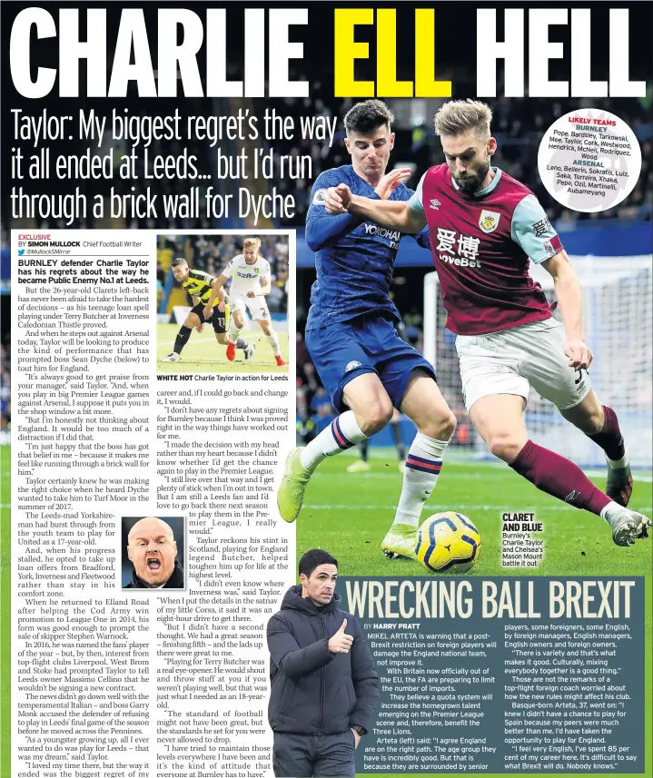  ??  ?? CLARET AND BLUE Burnley’s Charlie Taylor and Chelsea’s Mason Mount battle it out